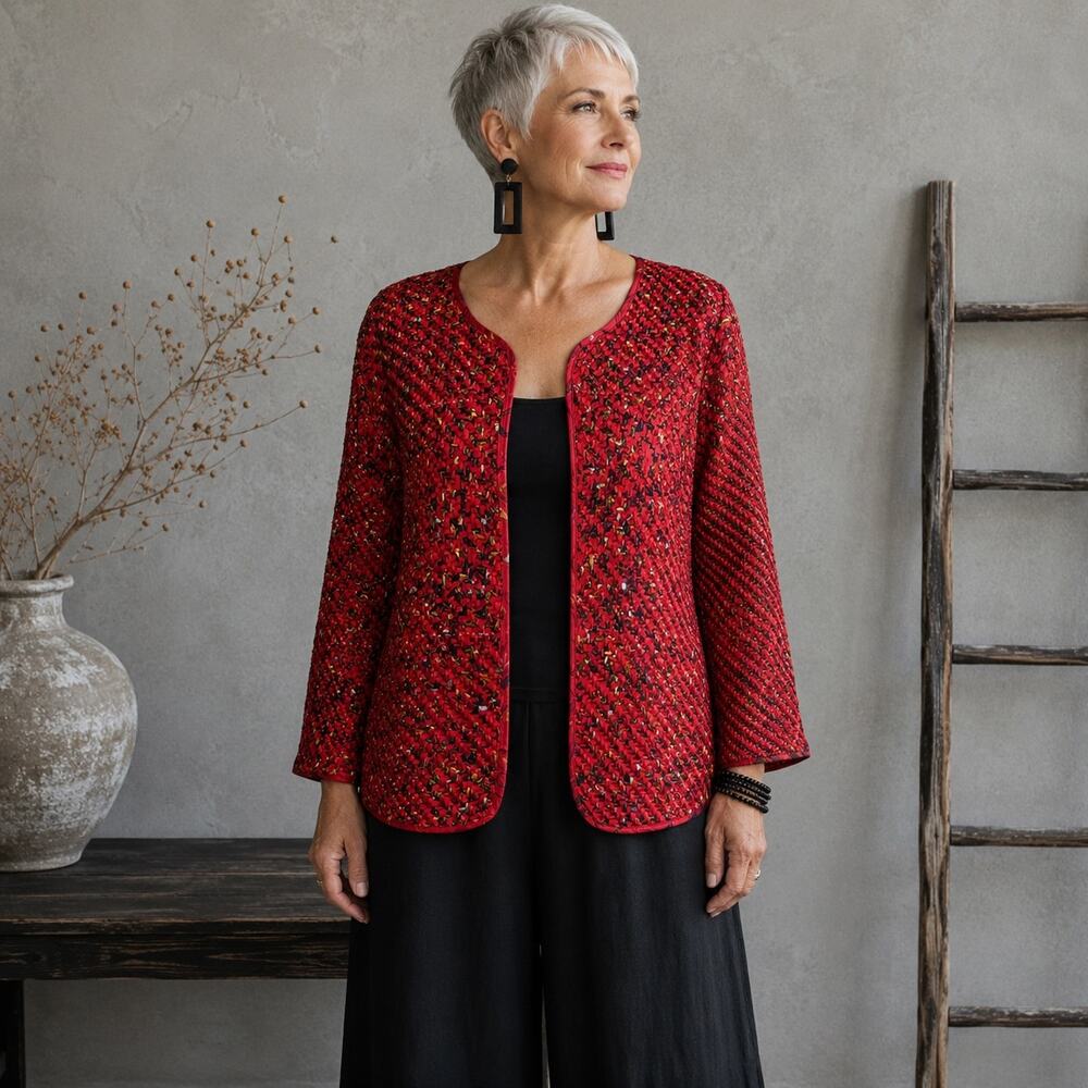 Chico's Vintage Red Woven Silk Open Front Vintage  Jacket 2